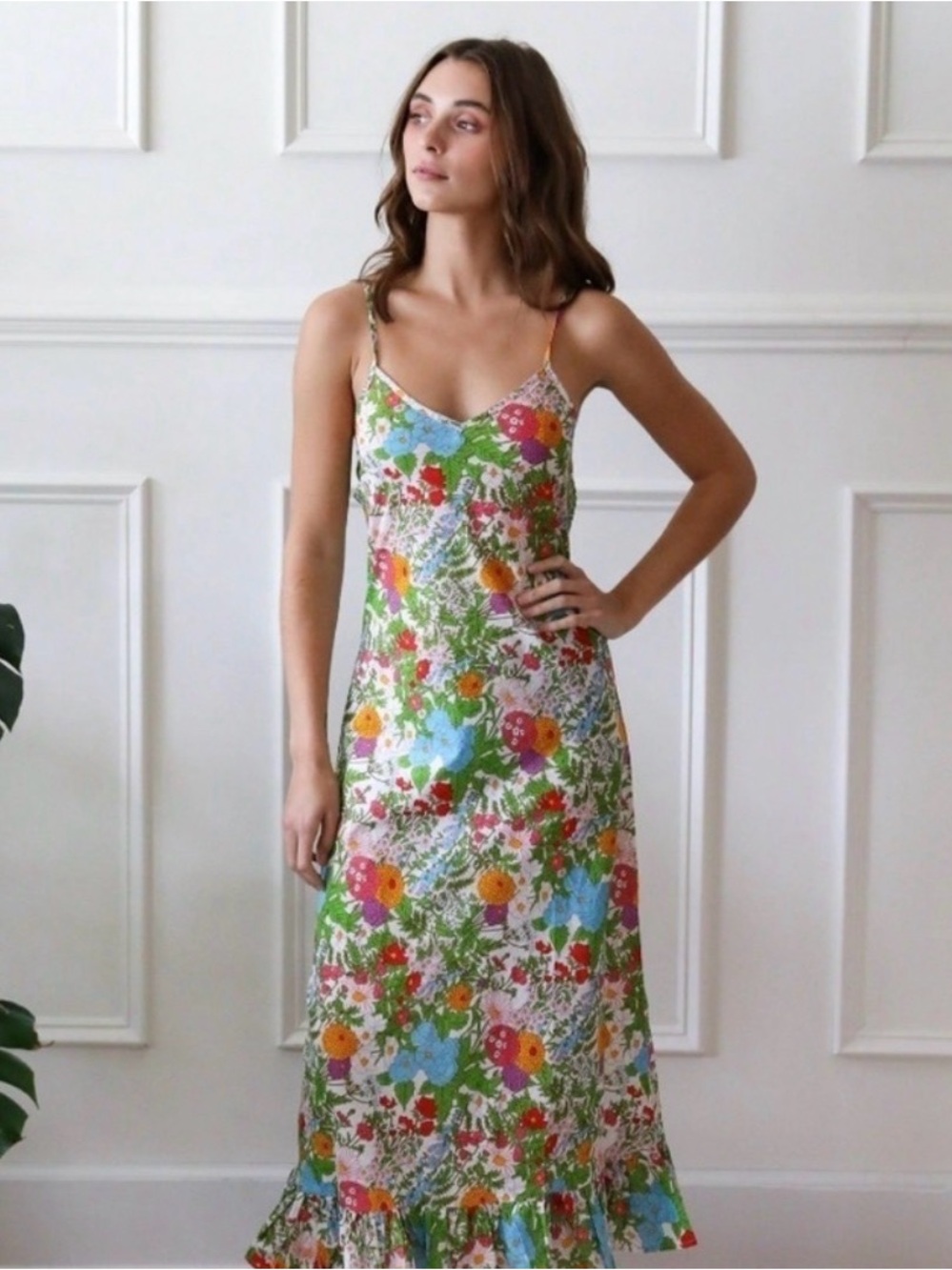 MILLE Roma Floral Slip Dress with Spaghetti Straps - White Multicolor
